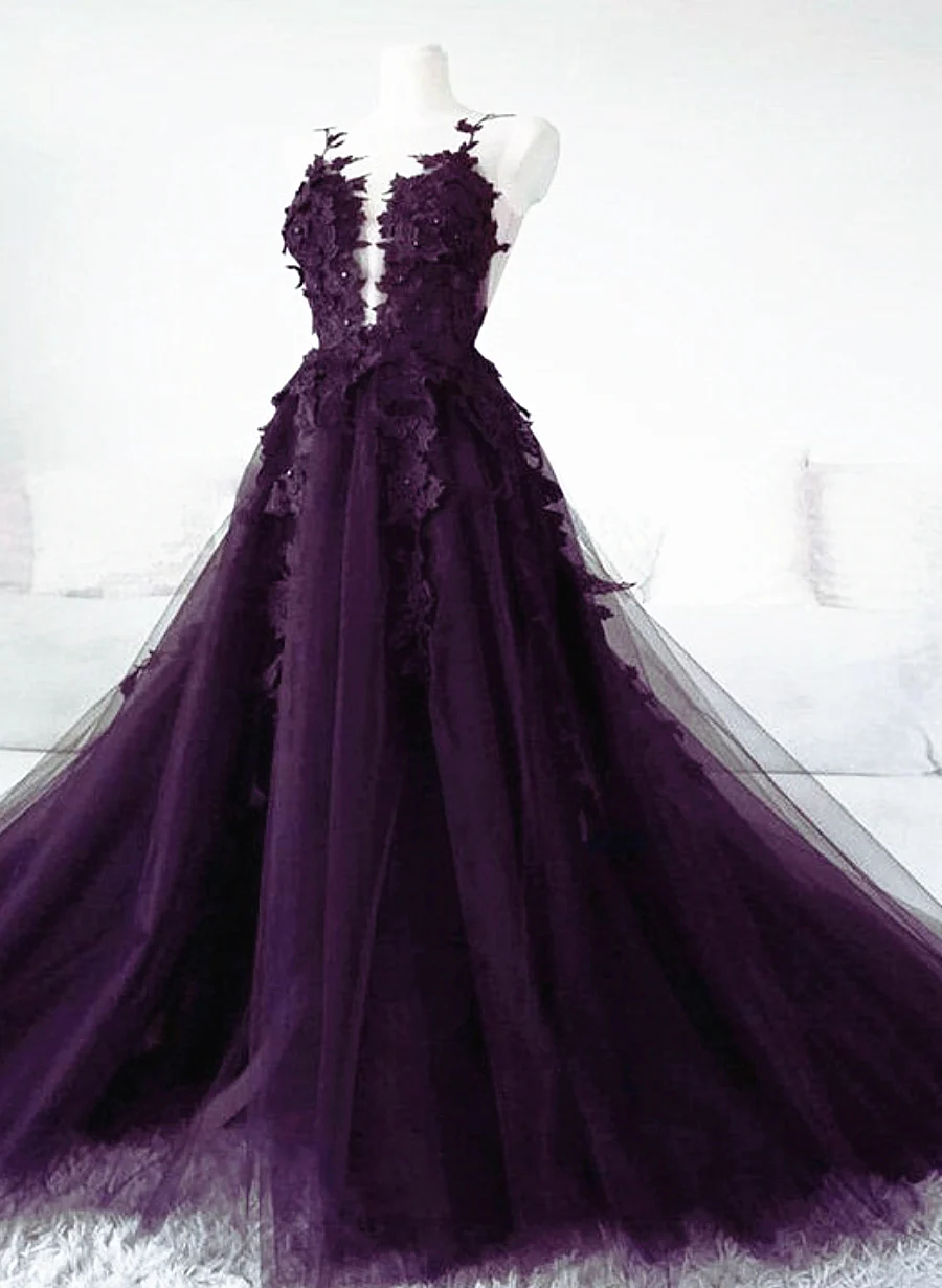 Solvbao Dark Purple Tulle with Lace Applique Long Wedding Party Dress, Purple Formal Dress - Deanwangkt