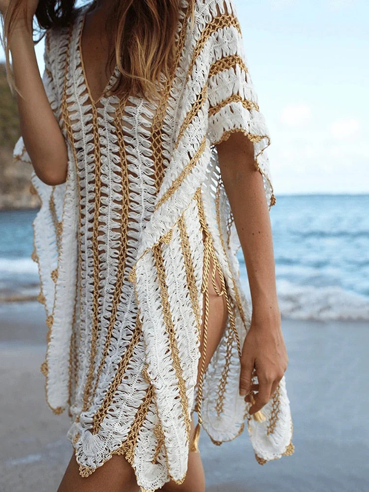Sexy Crochet Hollow Knitted Beach Cover Up Women  New Beach Dress Female Bikini Cover Up Blouse Ladies Beachwear Swim Bather - Deanwangkt