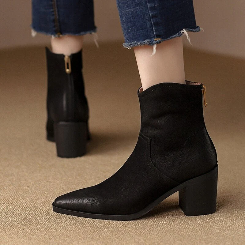 deanwangkt Autumn Shoes    NEW Fall/Winter Women Shoes Pointed Toe Chunky Heel Boots Genuine Leather Black Boots for Women Fashion Hight Heel Modern Boots - Deanwangkt