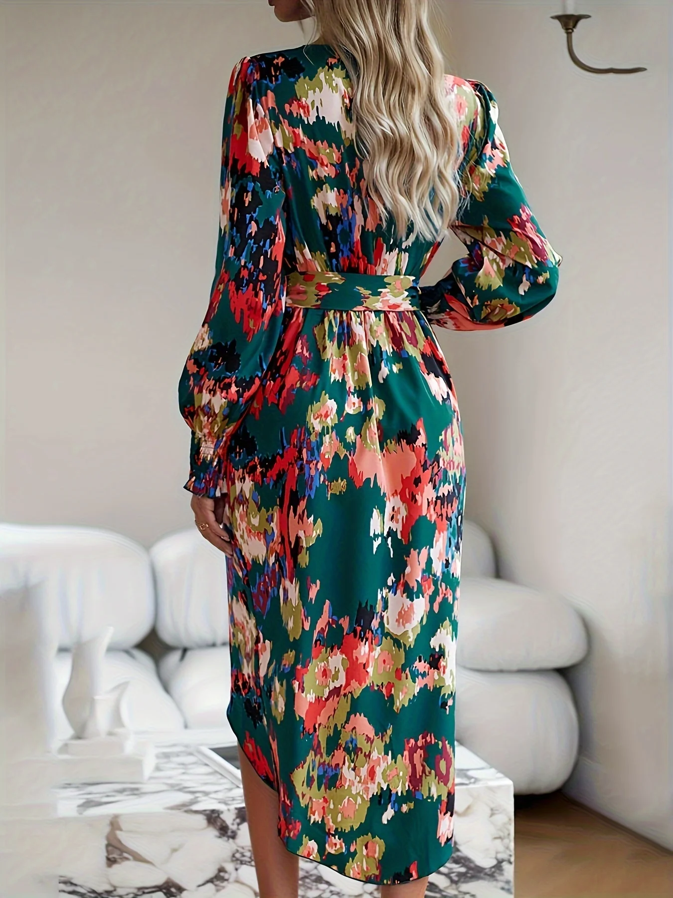 Allover Print Wrap Dress, Elegant V Neck Long Sleeve Dress, Women's Clothing - Deanwangkt