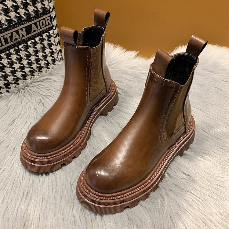 DEANWANGKT Christmas Gift  New Chunky Boots Fashion Platform Women Ankle Female Sole Pouch Ankle Botas Mujer Round Toe Slip-On Botas Altas Mujer - Deanwangkt