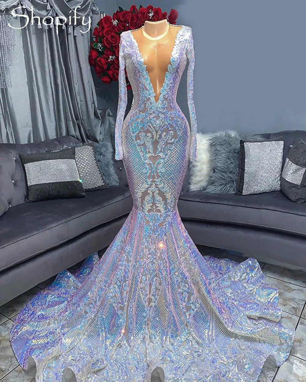 Sexy Long Prom Dresses  Sheer O-neck Long Sleeve Sparkly Sequin Mermaid African Black Girls Sequin Gala Prom Dress - Deanwangkt