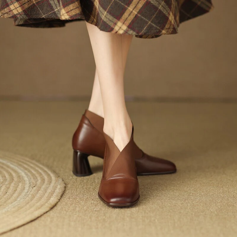 deanwangkt Autumn Boots   NEW Women Boots Square Toe High Heel Shoes for Women Split leather Shoes Women Chunky Heel Black Boots Autumn Solid Boots - Deanwangkt