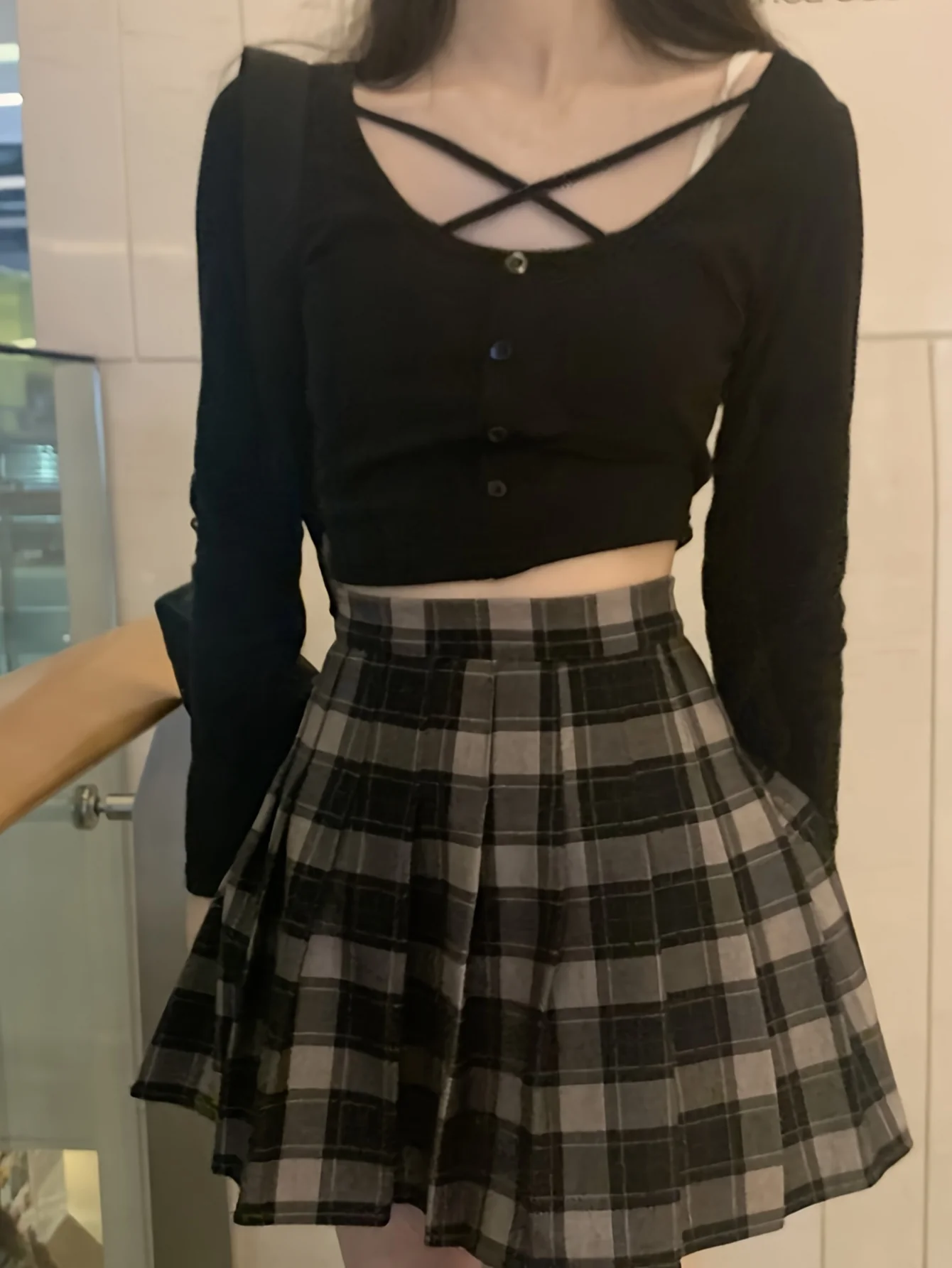 deanwangkt  Button Front Crisscross Crop T-Shirt, Casual Long Sleeve T-Shirt For Spring & Fall, Women's Clothing - Deanwangkt