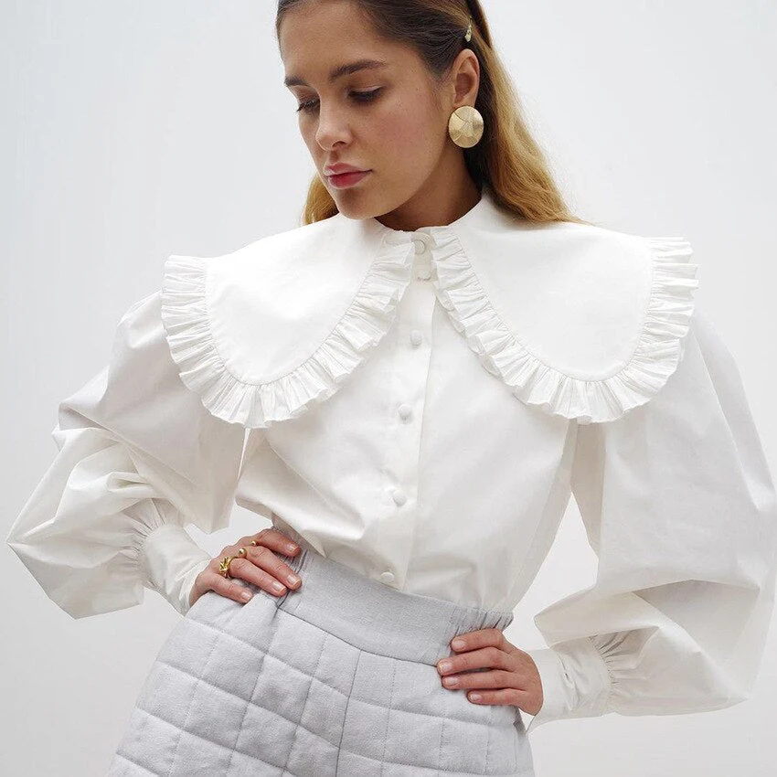 deanwangkt Blouses Women Peter Pan Collar Ruffle Shirts Long Sleeve White Cotton Casual Simple Tops Female Spring Summer Frill Shirt - Deanwangkt
