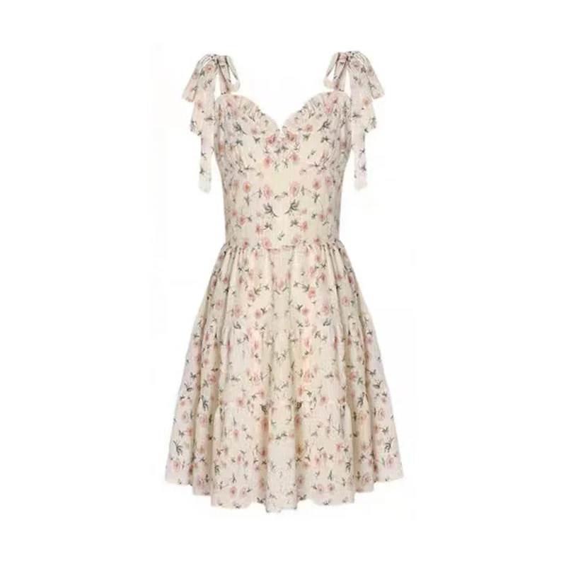 Casual Beach Straps Dress Women Slim  Summer Sweet Elegant Y2k Mini Dress Fairy Sleeveless Floral One Piece Dress Korean - Deanwangkt