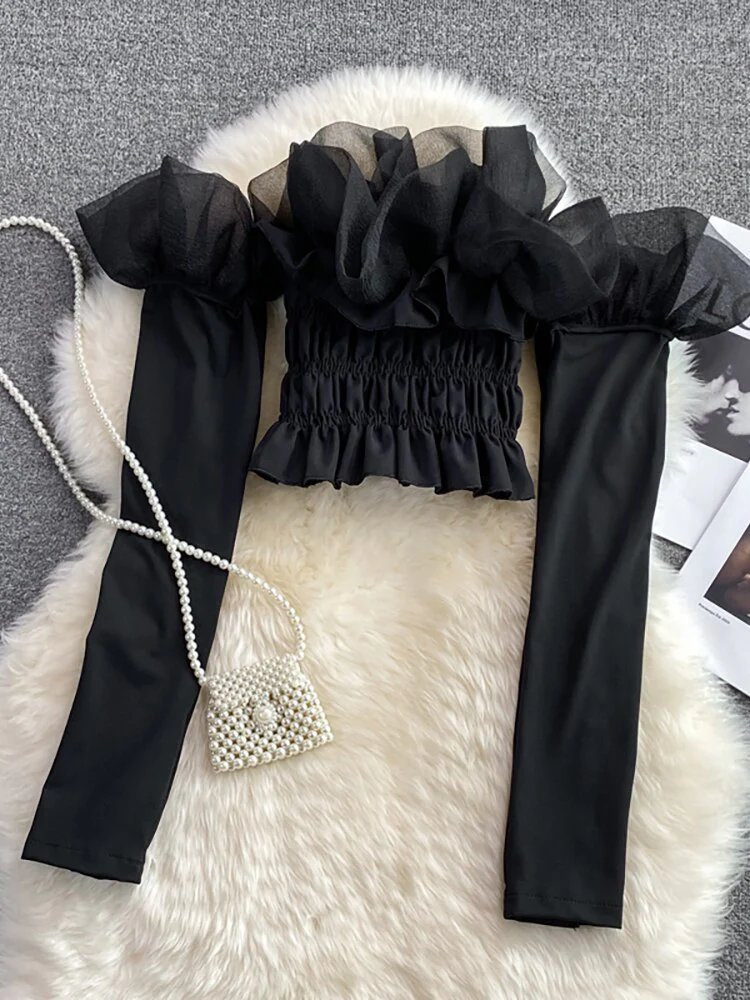 deanwangkt Summer Sexy Black Mesh Party Blouse Women Black Slash Neck Ruffle Long Sleeve Short Shirt Female Club Strapless Tops  New - Deanwangkt