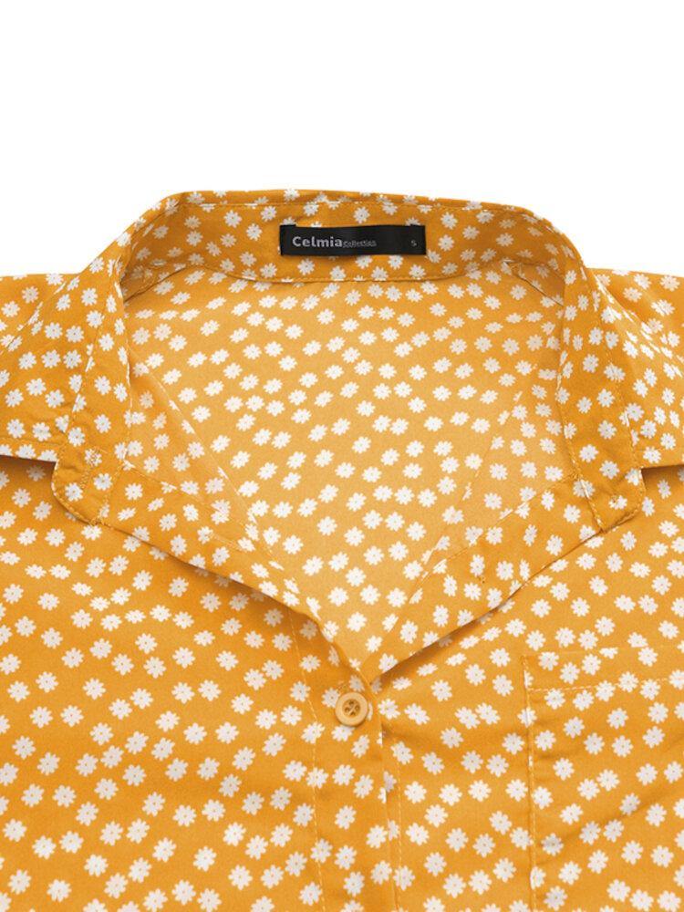 deanwangkt Women Ditsy Floral Print Button Up Long Sleeve Casual Longline Shirts - Deanwangkt