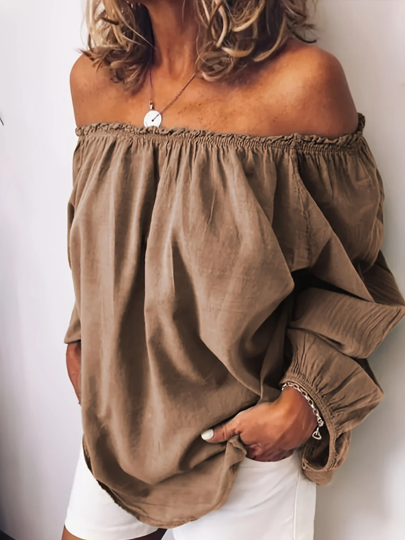 Solid Ruffle Trim Blouse, Casual Loose Long Sleeve Blouse For Spring & Fall, Women's Clothing - Deanwangkt