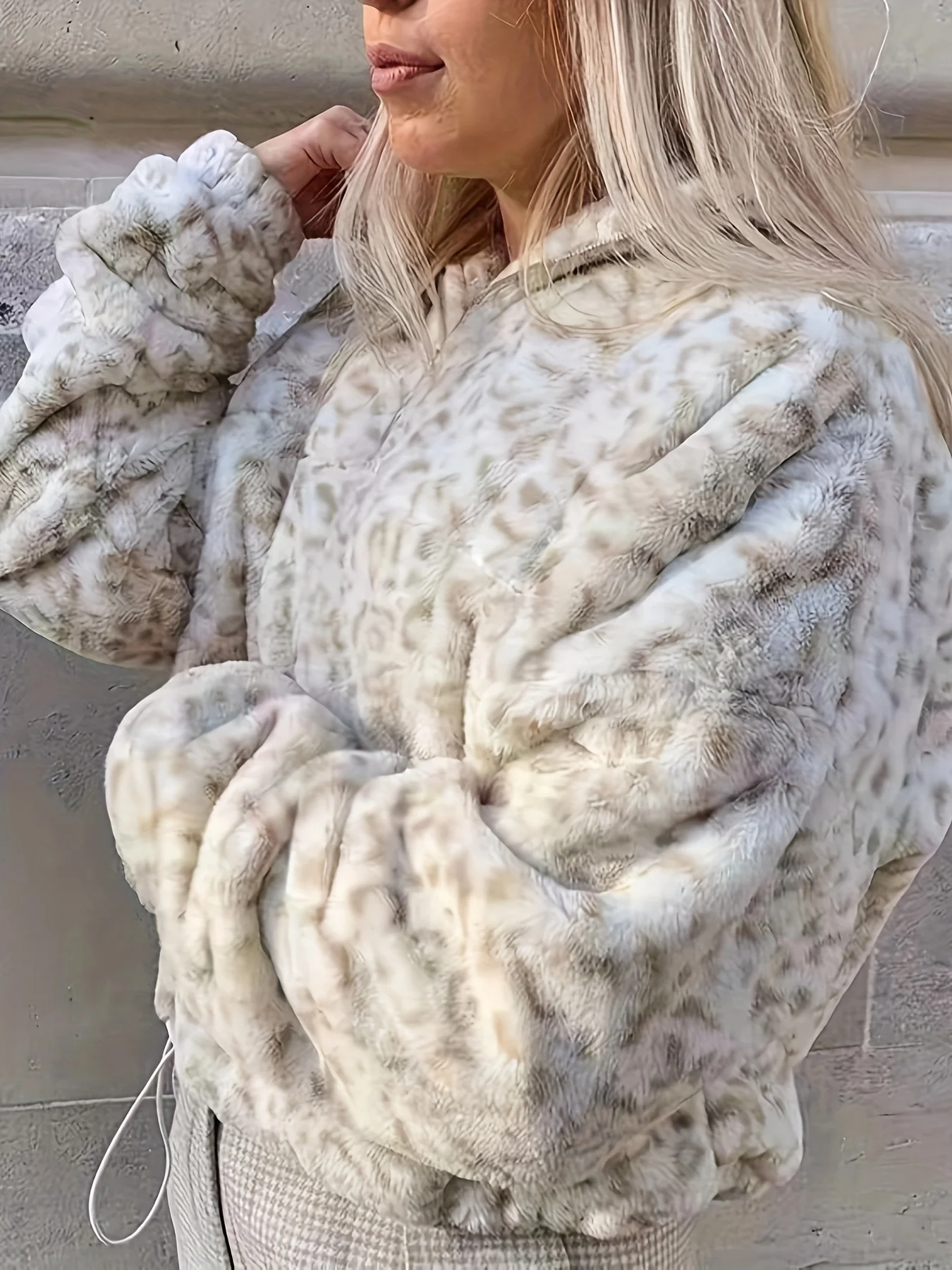 Leopard Plush Half Zipper Coat, Casual Long Sleeve Drawstring Crop Coat, Women's Clothing - Deanwangkt