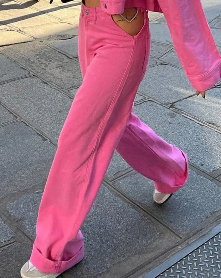 deanwangkt Women's Baggy Pink Jeans Female Hollow Waist With Heart Shape Pants Fashion Wide Leg Pockets Straight Denim Cool Trousers - Deanwangkt