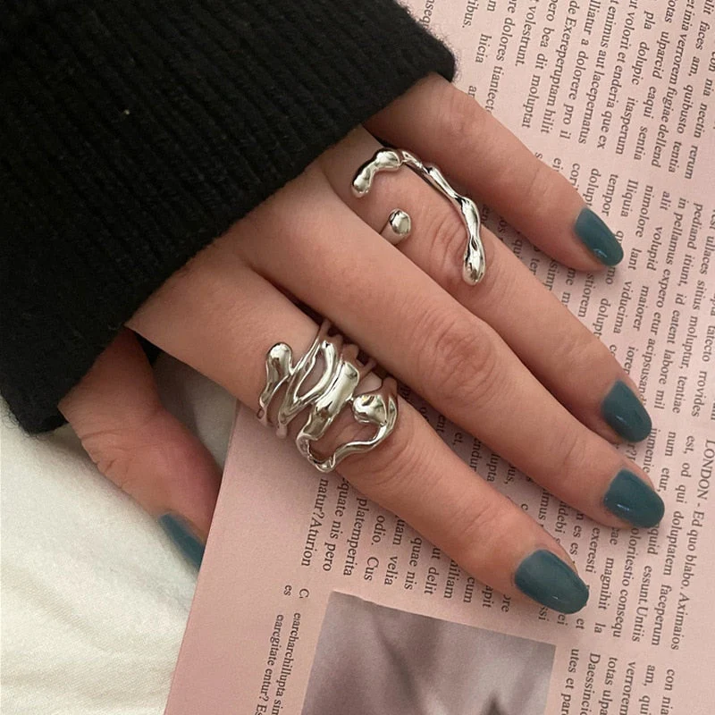 deanwangkt New Arrival Irregular Hollow Silver Color Wide Ring Female Fashion Retro Unique Design Handmade Jewelry Gifts - Deanwangkt