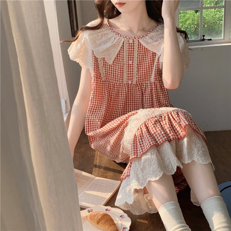 deanwangkt Plaid Retro Elegant Casual NightDress Soft Ruffles Sweet Simple Summer O-Neck Princess Long Sleepwear Cotton Lace Short sleeve - Deanwangkt