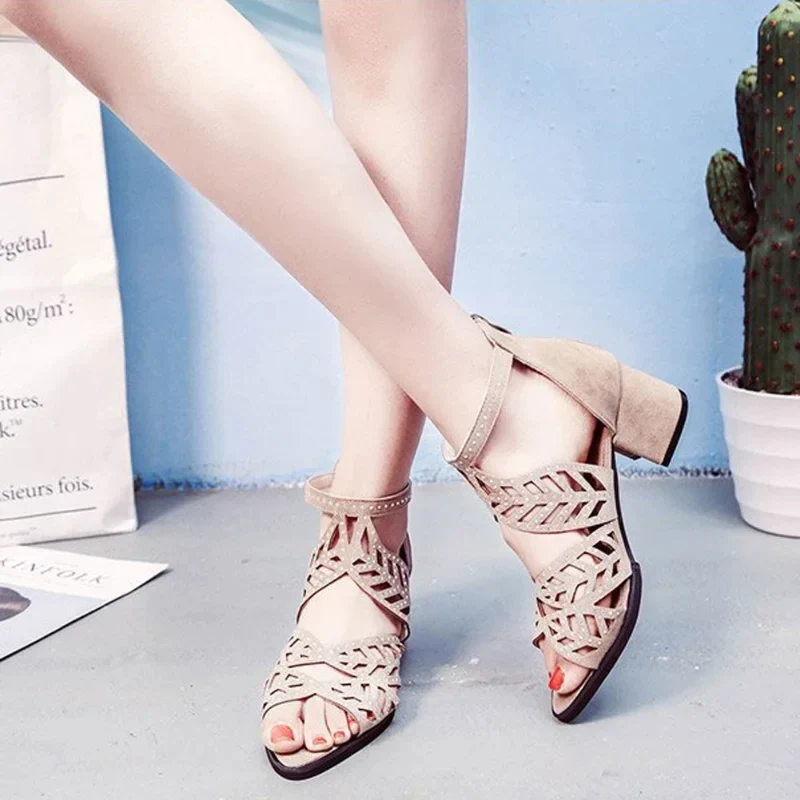 deanwangkt New Style Women Summer Rhinestone Hollow Out Faux Leather Thick Heel Zipper Sandals Shoes Sexy Plus Size Ladies Sandals - Deanwangkt