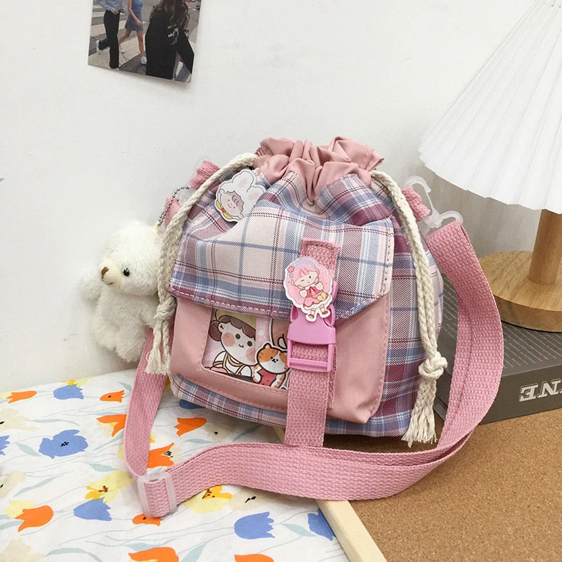 deanwangkt New Summer Bucket Bag Women Plaid Nylon Bag Girls Small Crossbody Bags Handbag Mobile Phone Bag Drawstring Shoulder Bag Bolsos - Deanwangkt
