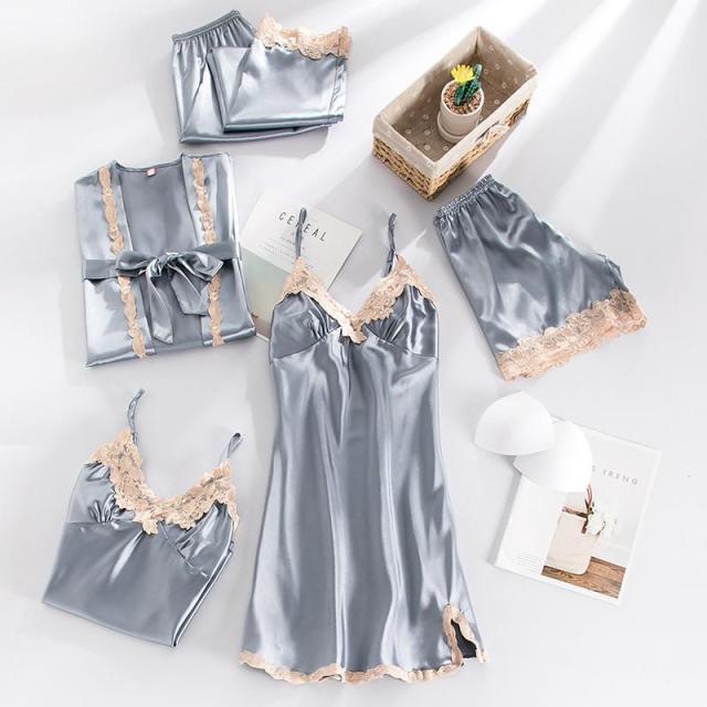 deanwangkt Women Robe Set Satin Sleepwear Lace Kimono Bathrobe Gown Sexy Nightwear Home Clothes Silky Bride Bridesmaid Dressing - Deanwangkt