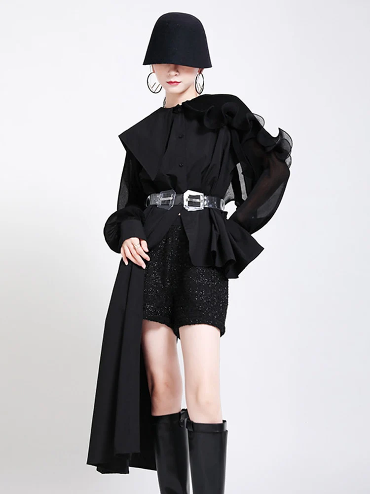 deanwangkt Women Green Ruffles Irregular Big Size Blouse New Lapel Long Sleeve Loose Fit Shirt Fashion Tide Spring Autumn  1DA218 - Deanwangkt