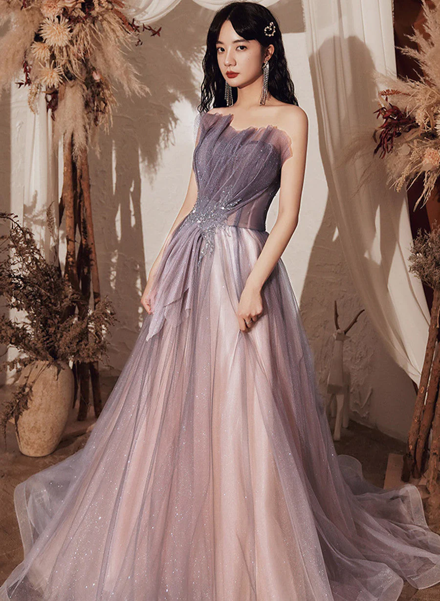 Solvbao Light Purple Tulle with Beaded A-line Party Dress, Purple Tulle Long Formal Dress - Deanwangkt