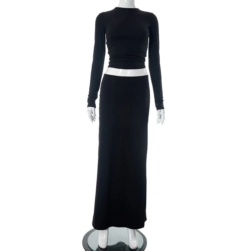 BACK TO COLLEGE  Casual O-neck Long Sleeve T-shirt High Waist Long Skirts Two Pieces Set Streetwear Female Solid Office Work Black Dress Set - Deanwangkt