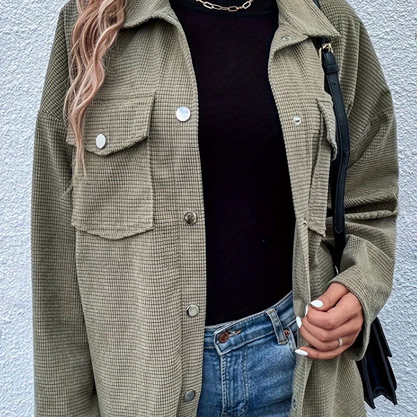 Waffle Solid Shirt, Casual Button Front Long Sleeve Shirt, Women's Clothing - Deanwangkt