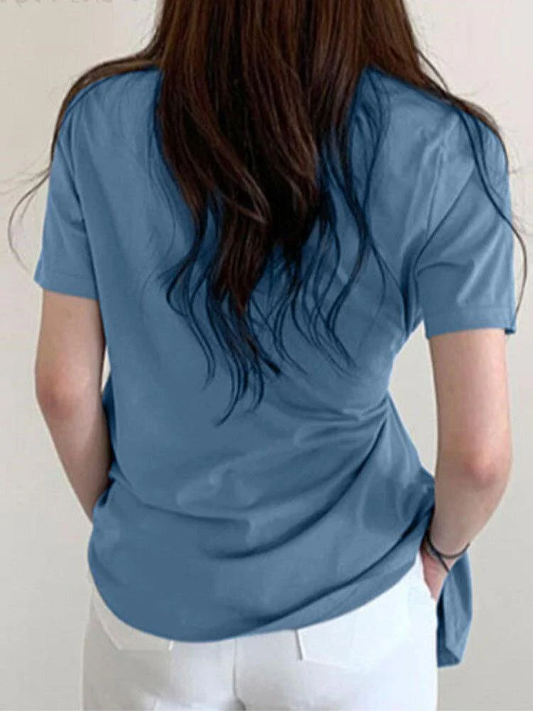 deanwangkt Bohemian Solid Button Down Front Irregular Hem Causal Blouse For Women - Deanwangkt