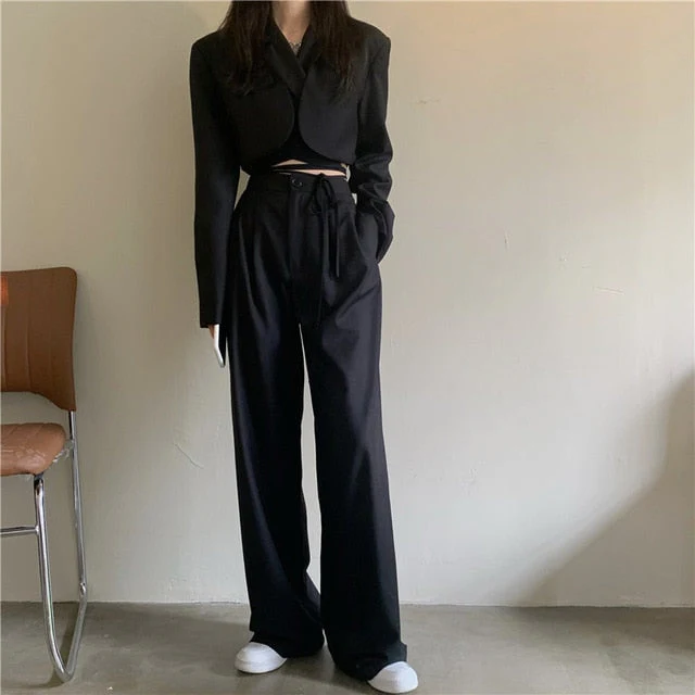 Korean summer Two Piece Set Women Crop Top Sexy Lace-up Blazer Coat + High Waist Pants Suit Sets Streetwear 2 Piece Sets Women - Deanwangkt