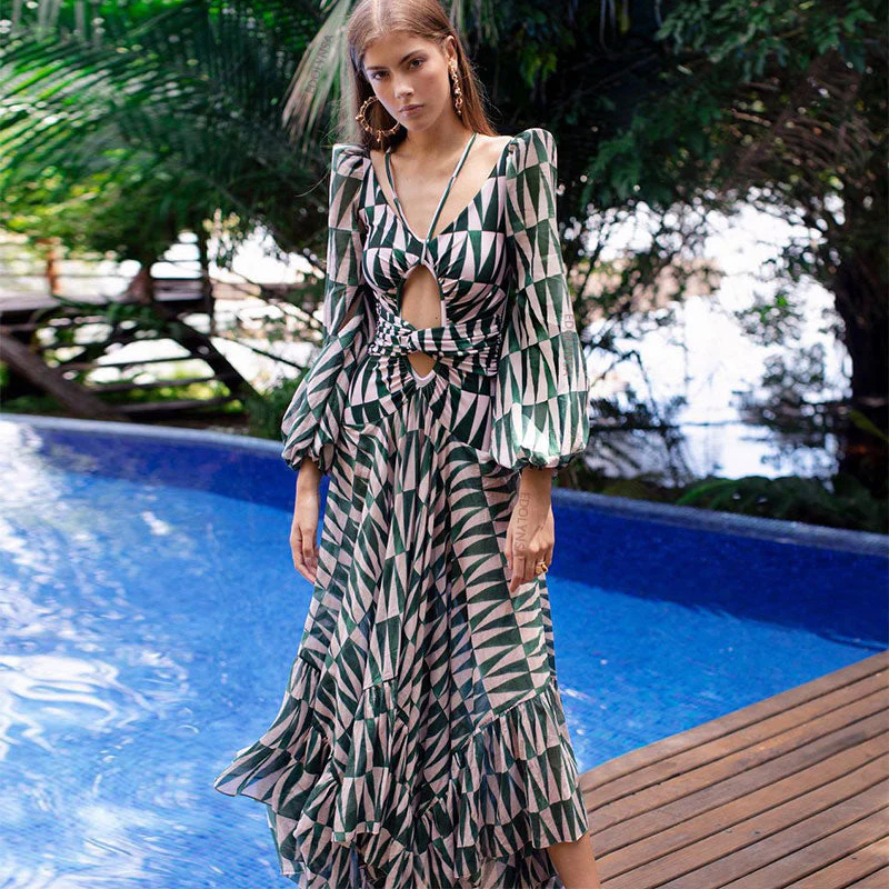 deanwangkt Sexy V-Neck Backless Hollow Out Dress  Summer Women Lantern Sleeve Club Party Long Maxi Dresses Tunic Beach Cover Up - Deanwangkt