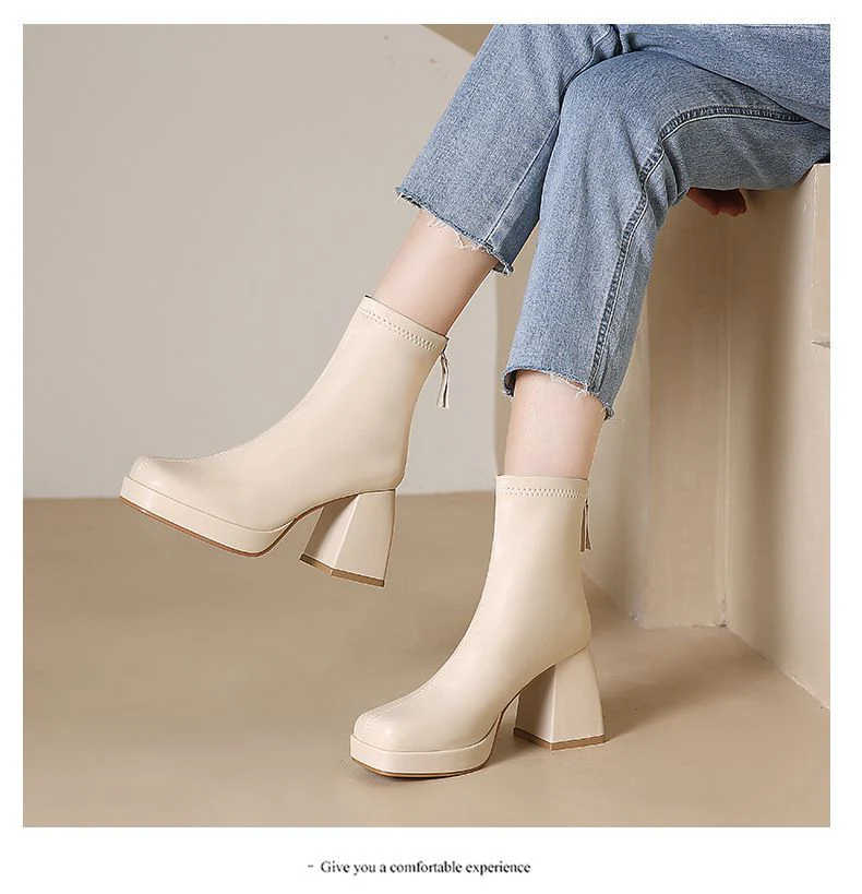 deanwangkt New Autumn Winter Leather Short Boots Women Square High Heel Women Shoes Zipper All Match Ankle Boot Female Platform Shoes - Deanwangkt