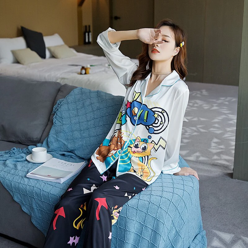 Women's Pajamas Set Luxury Style Cute Animal Print Sleepwear Silk Like Nightie Home Clothes Nightwear Pyjamas Femme - Deanwangkt