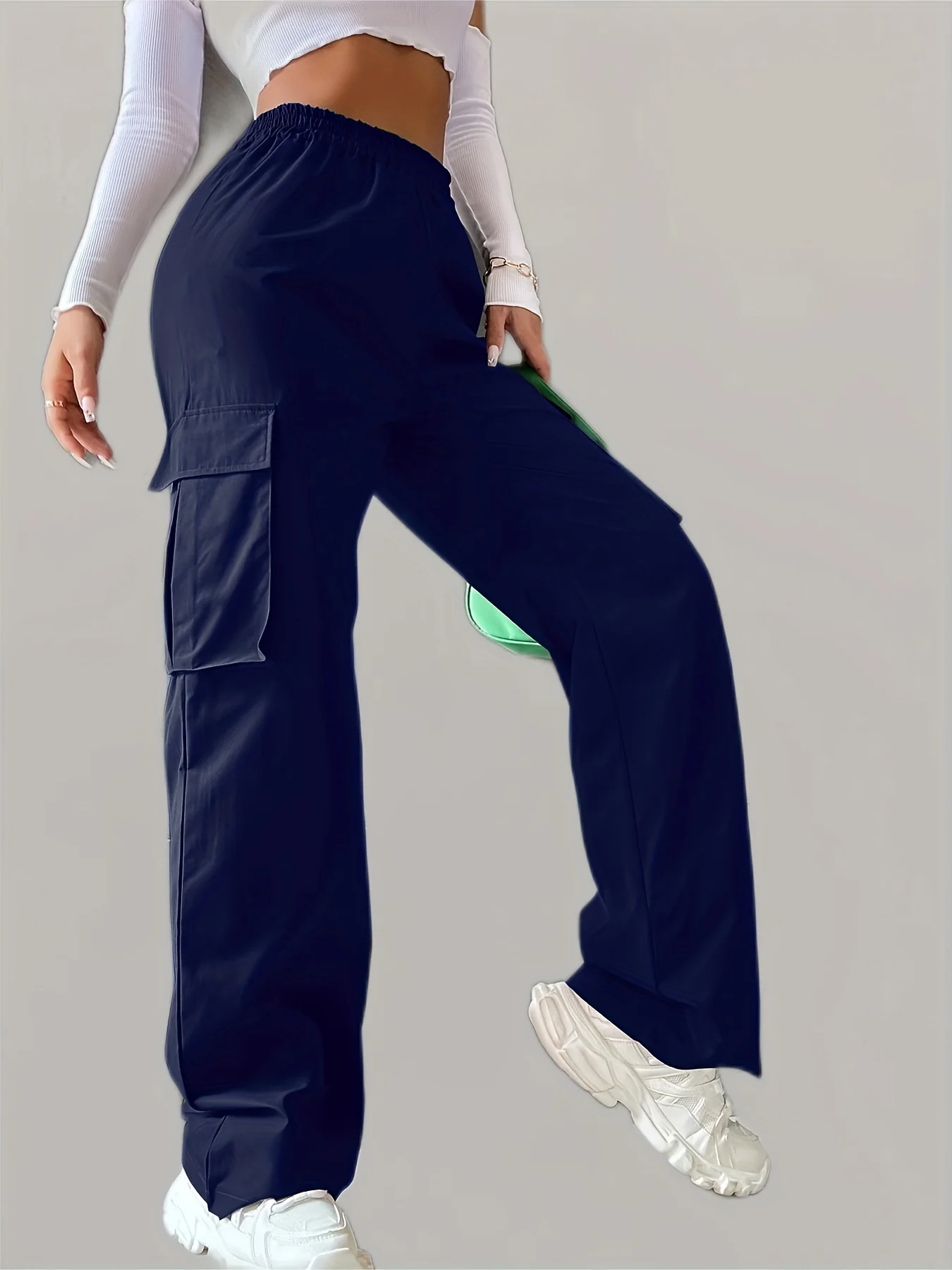 deanwangkt-1  Solid Elastic Waist Pants, Casual Long Length Wide Leg Cargo Pants With Pockets, Women's Clothing - Deanwangkt