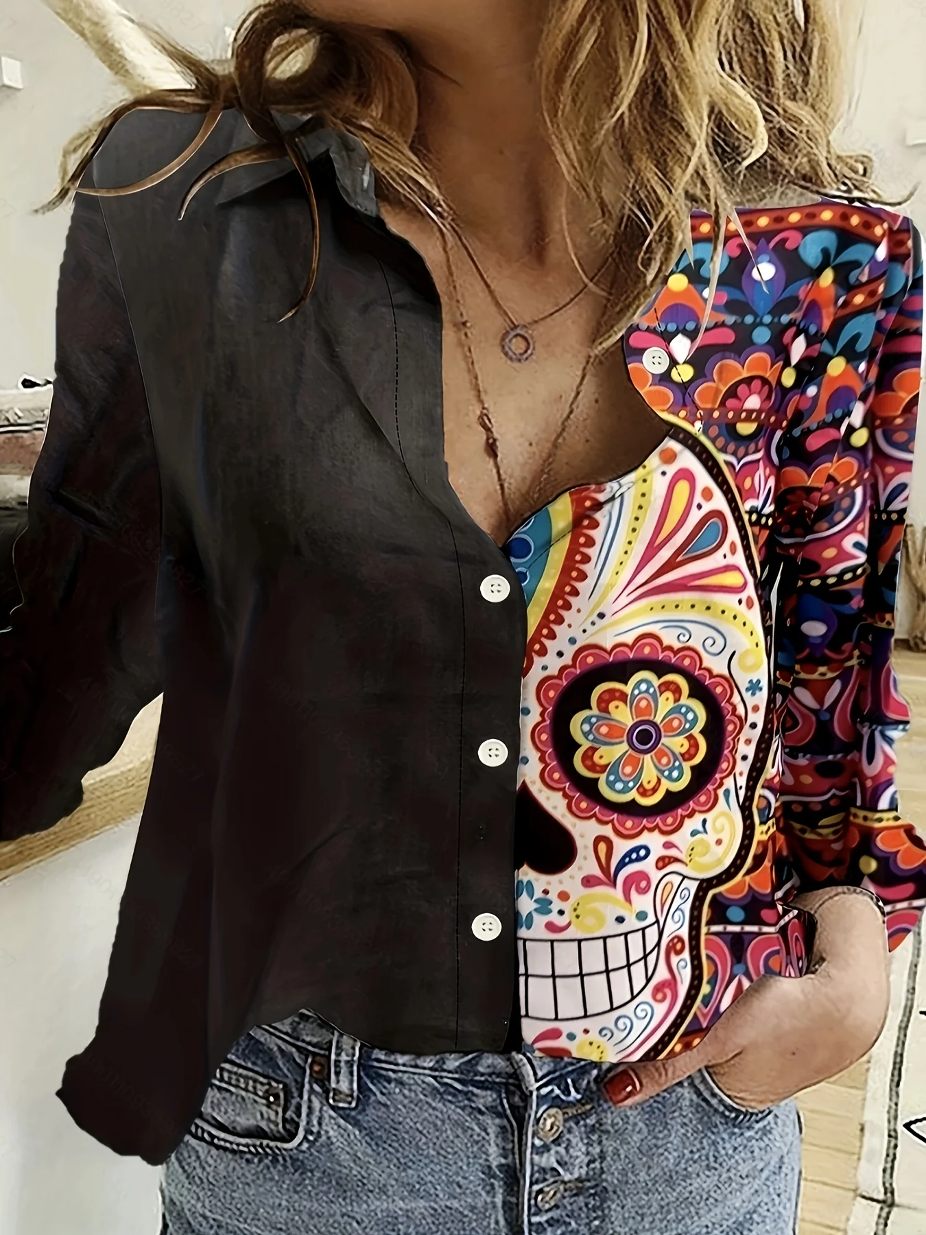 Plus Size Casual Blouse, Women's Plus Colorblock Floral Print Button Up Long Sleeve Turn Down Collar Blouse - Deanwangkt