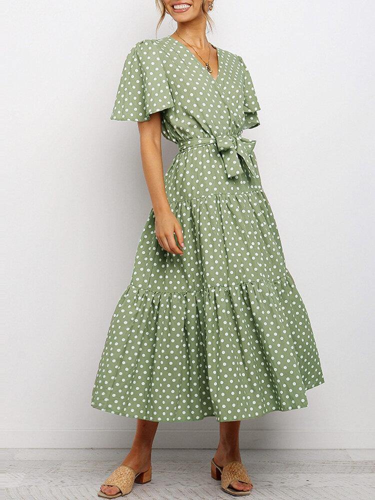 deanwangkt Women Polka Dot V-Neck Short Sleeve Casual Dresses With Belt - Deanwangkt