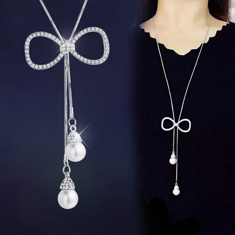 DEANWANGKT Simulated Pearl Choker Necklaces for Women Silver Color Chain Long Necklace Pendant Jewelry Accessories Trendy Kolye - Deanwangkt