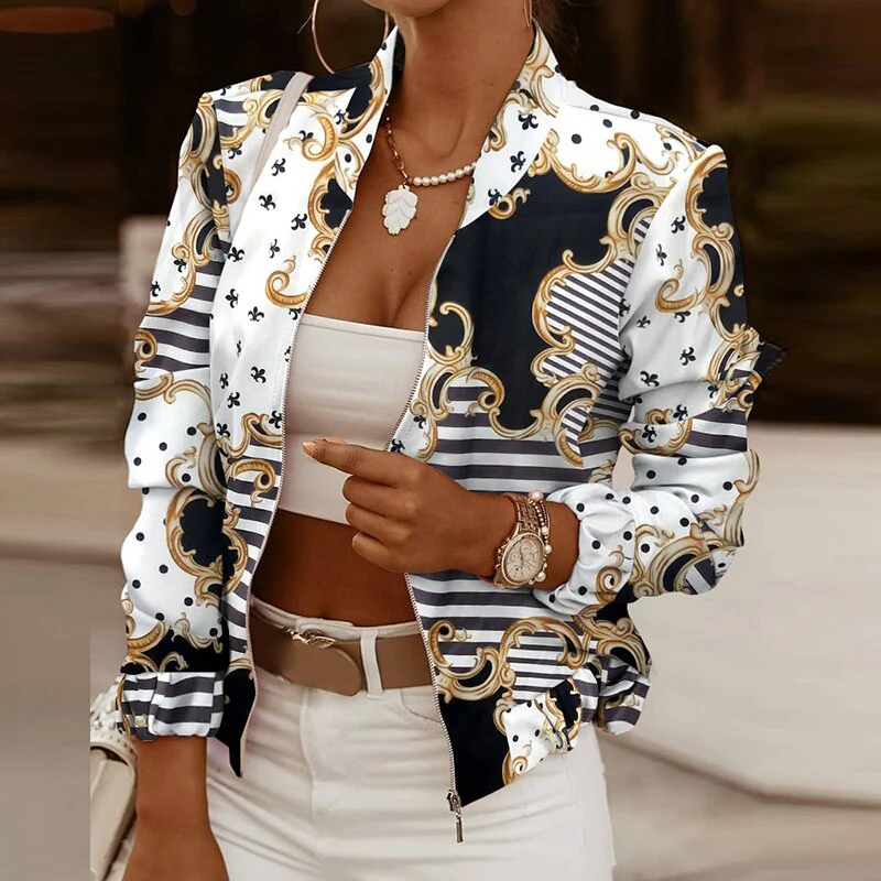 deanwangkt New Short Jacket Women Long Sleeve Coats Female Elegant Spring Autumn Zipper Outwear Office Ladies Print Casual Jackets - Deanwangkt
