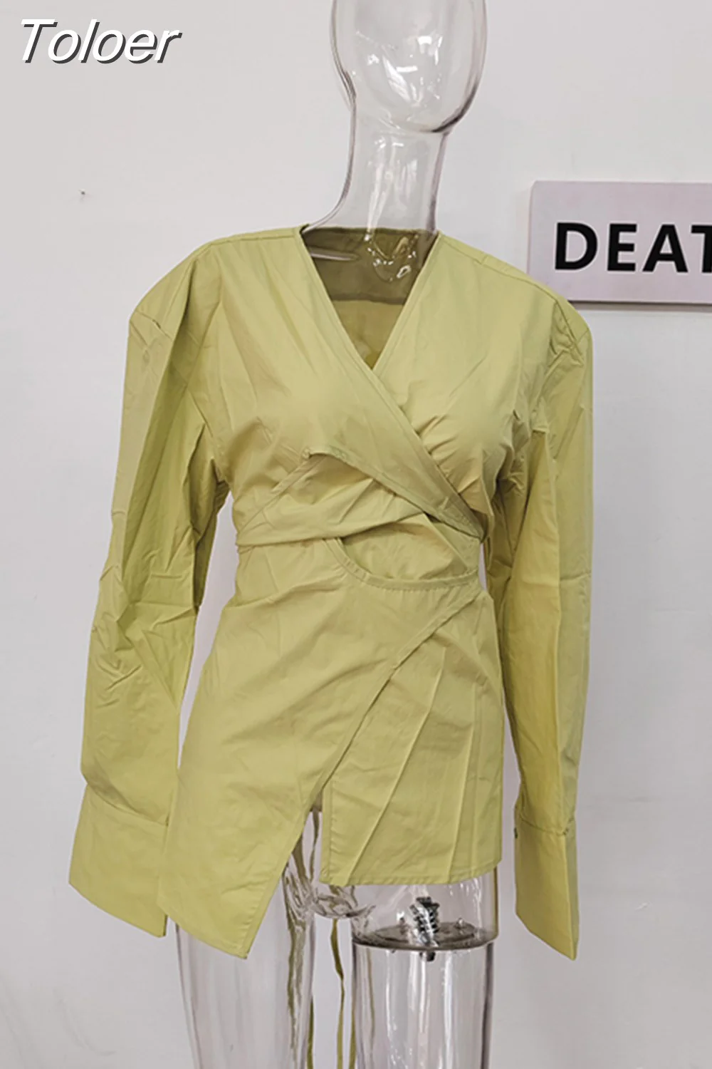 deanwangkt Fashion Women's Shirt V-neck Cross Bandage Waist Irregular Yellow Long Sleeve Blouse Causal Tide  Summer New CP0418 - Deanwangkt