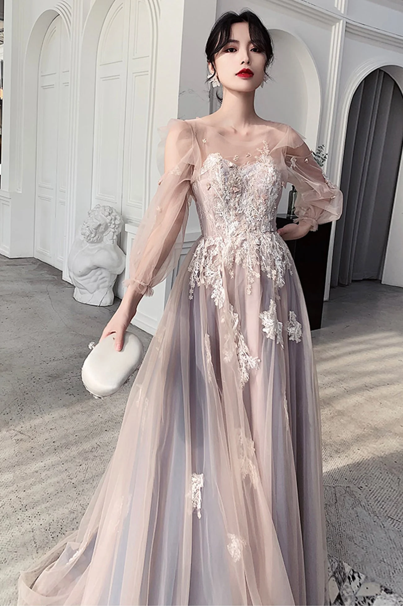 solvbao Cute Tulle Lace Long Prom Dresses, A-Line Evening Dresses - Deanwangkt