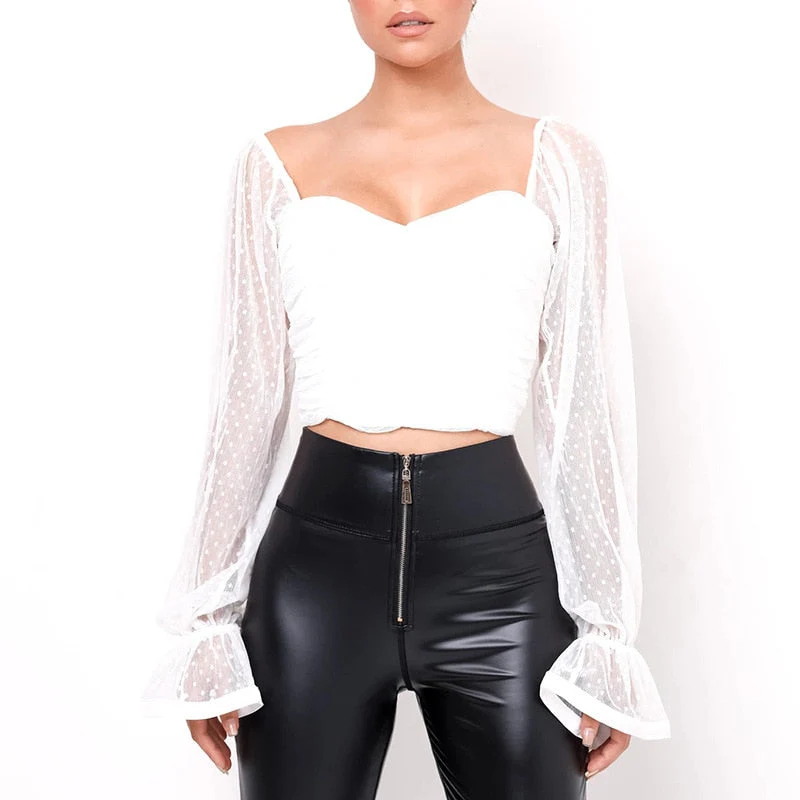 Wenkouban Sexy Polka Dots Crop Tops Women Low Cut Backless See Through Short Chiffon Mesh T Shirt Female Club Party Elegant Tees - Deanwangkt