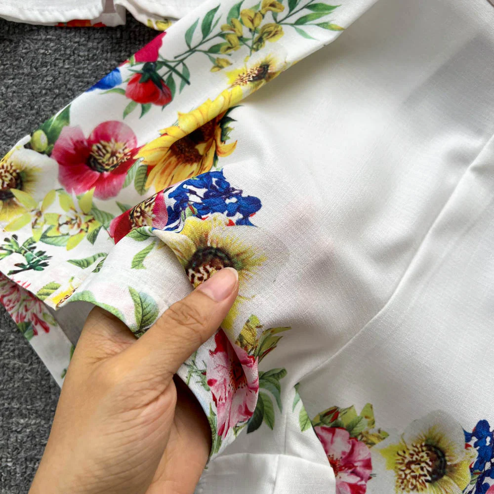 deanwangkt Women Shorts Sets Runway V-Neck Lantern Sleeve Floral Print Blouse Shirts and Belt Pockets Short Pants 2 Pieces Outfits S2169 - Deanwangkt