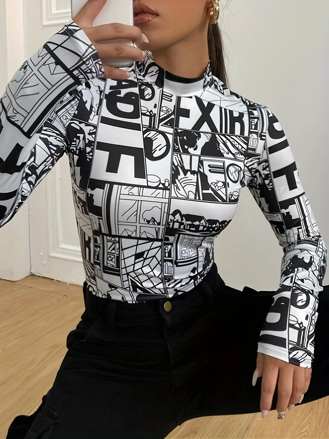 deanwangkt-1 Y2K Anime Print T-Shirt, Long Sleeve High Neck Casual Top, Women's Clothing - Deanwangkt