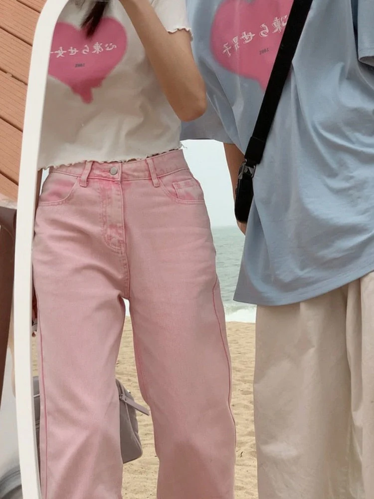 deanwangkt Y2K Oversize Pink Women Jeans Korean Fashion Streetwear High Waist Baggy Wide Leg Denim Pants E Girl Asethetic Trousers - Deanwangkt