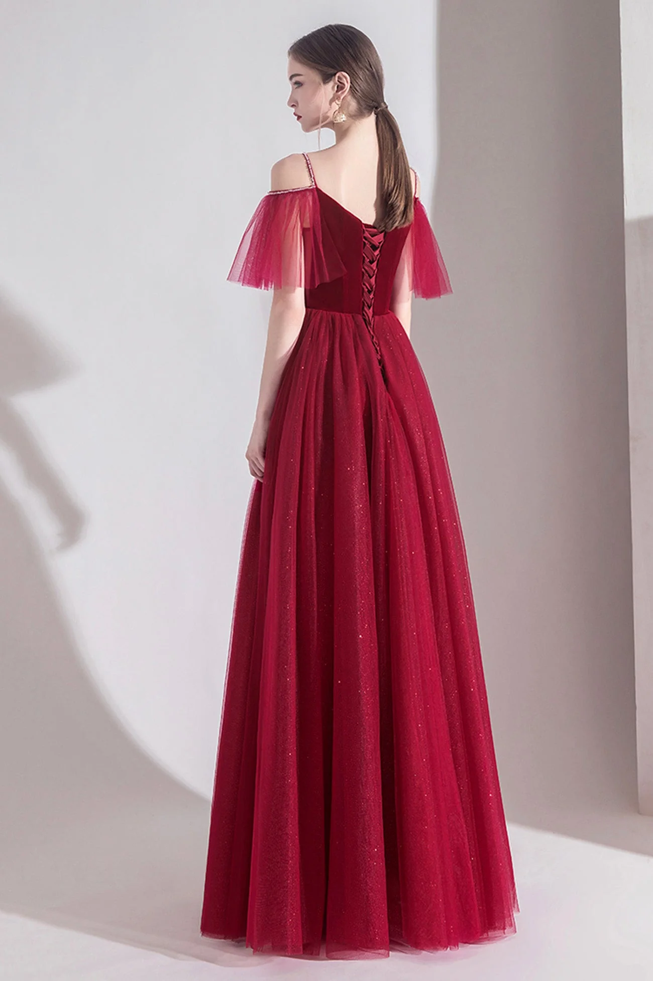 solvbao Burgundy Velvet Tulle Long A-Line Prom Dresses, Simple Evening Dresses - Deanwangkt