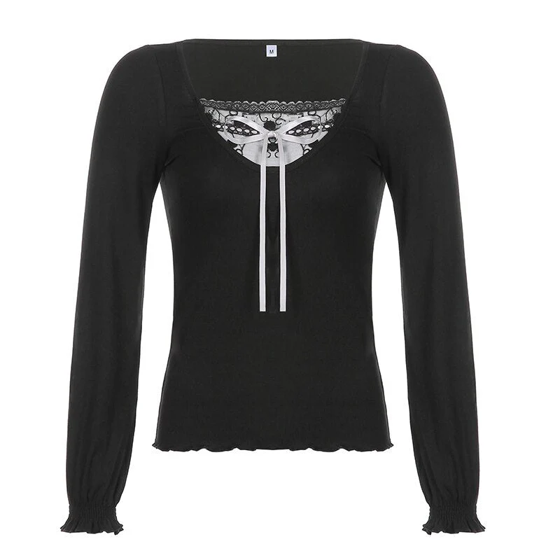 Long Sleeve T-Shirt Black Top Women Patchwork Lace Crop Top Winter Spring Women Pulovers Sexy Skinny V Neck Tees 90s Y2K Clothes - Deanwangkt