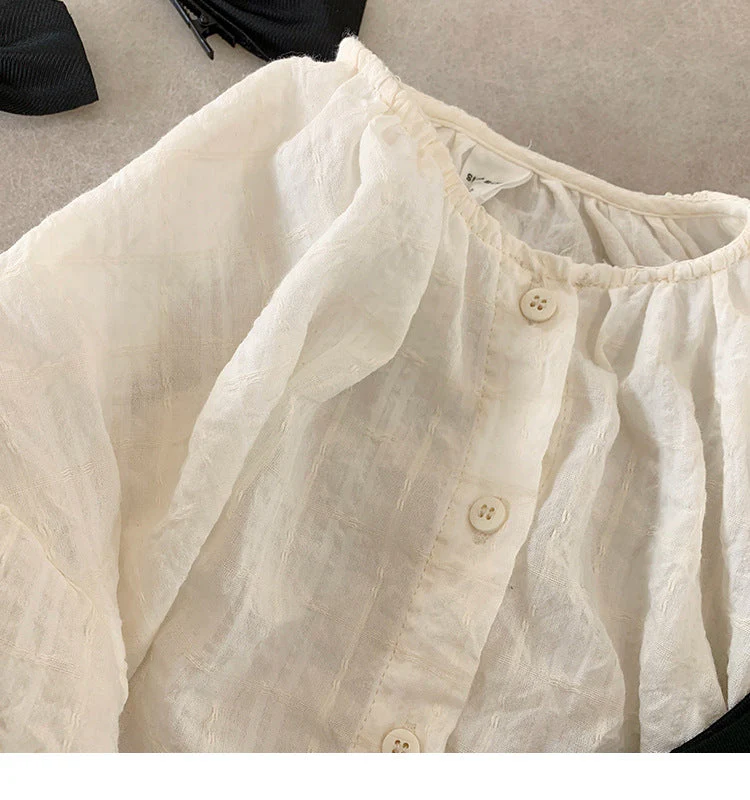 deanwangkt Girls spring fashion white blouse and black overalls dress Kids all-match Outfits 2pcs sets - Deanwangkt