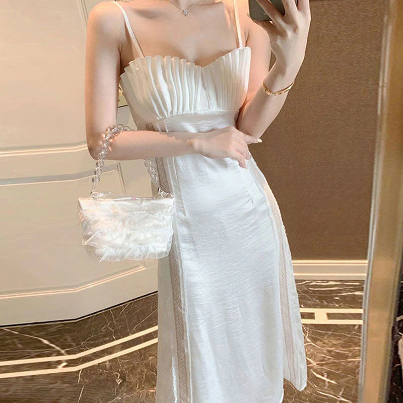 Joskka Summer Strap Dress Women Elegant Casual White Fairy Slim Patchwork Backless Dress Female Holiday Party Midi Dress  New - Deanwangkt