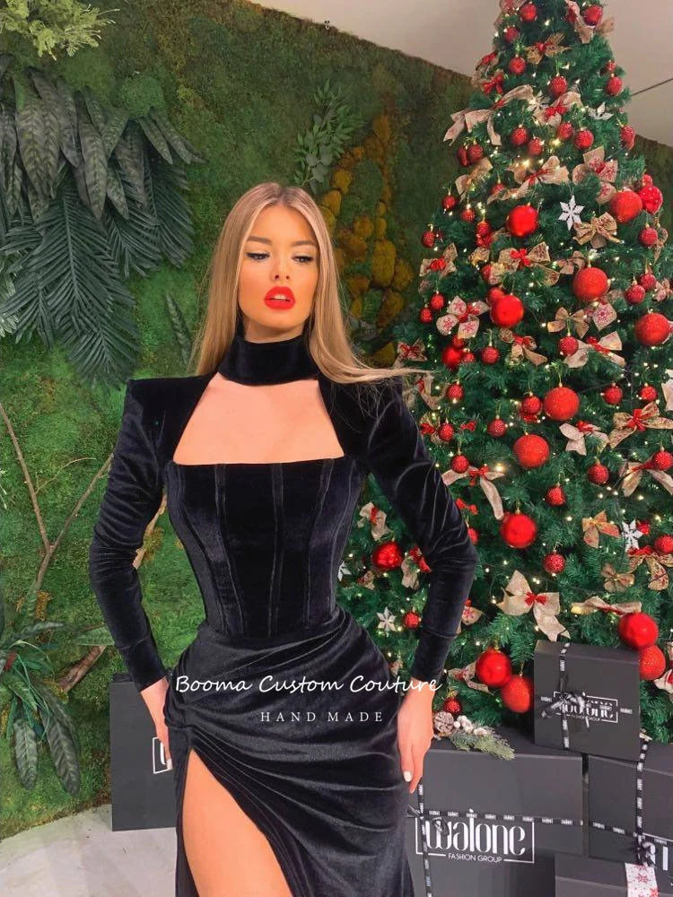 Wnkouban   Graduation Gifts Black High Neck Velvet Column Evening Dresses Long Sleeves Keyhole Side Slit Ruched Velour Fitted Formal Evening Gowns - Deanwangkt