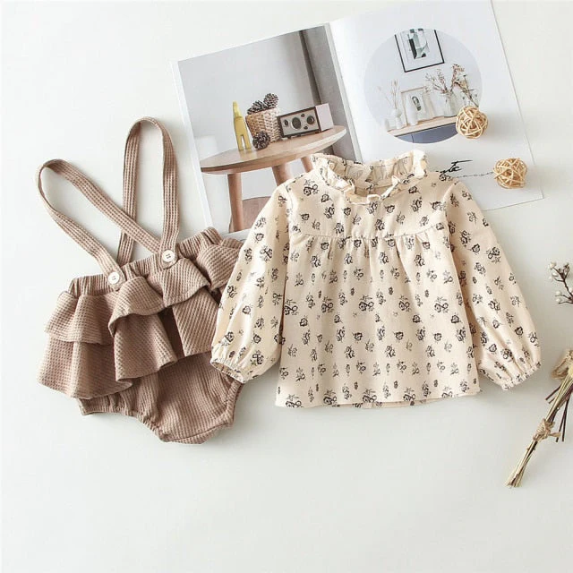 2Pcs Vintage Baby Girl Clothes Set Summer Cotton Girls Floral Blouse Shirt Romper Dress Spring Newborn Baby Girl Clothes Outfits - Deanwangkt