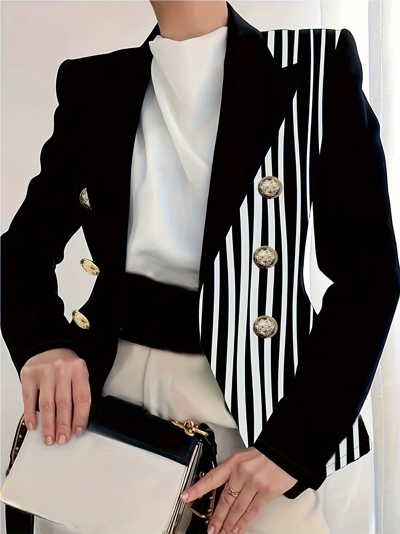 deanwangkt Plus Size Casual Blazer, Women's Plus Colorblock Stripe Print Button Decor Long Sleeve Lapel Collar Blazer - Deanwangkt