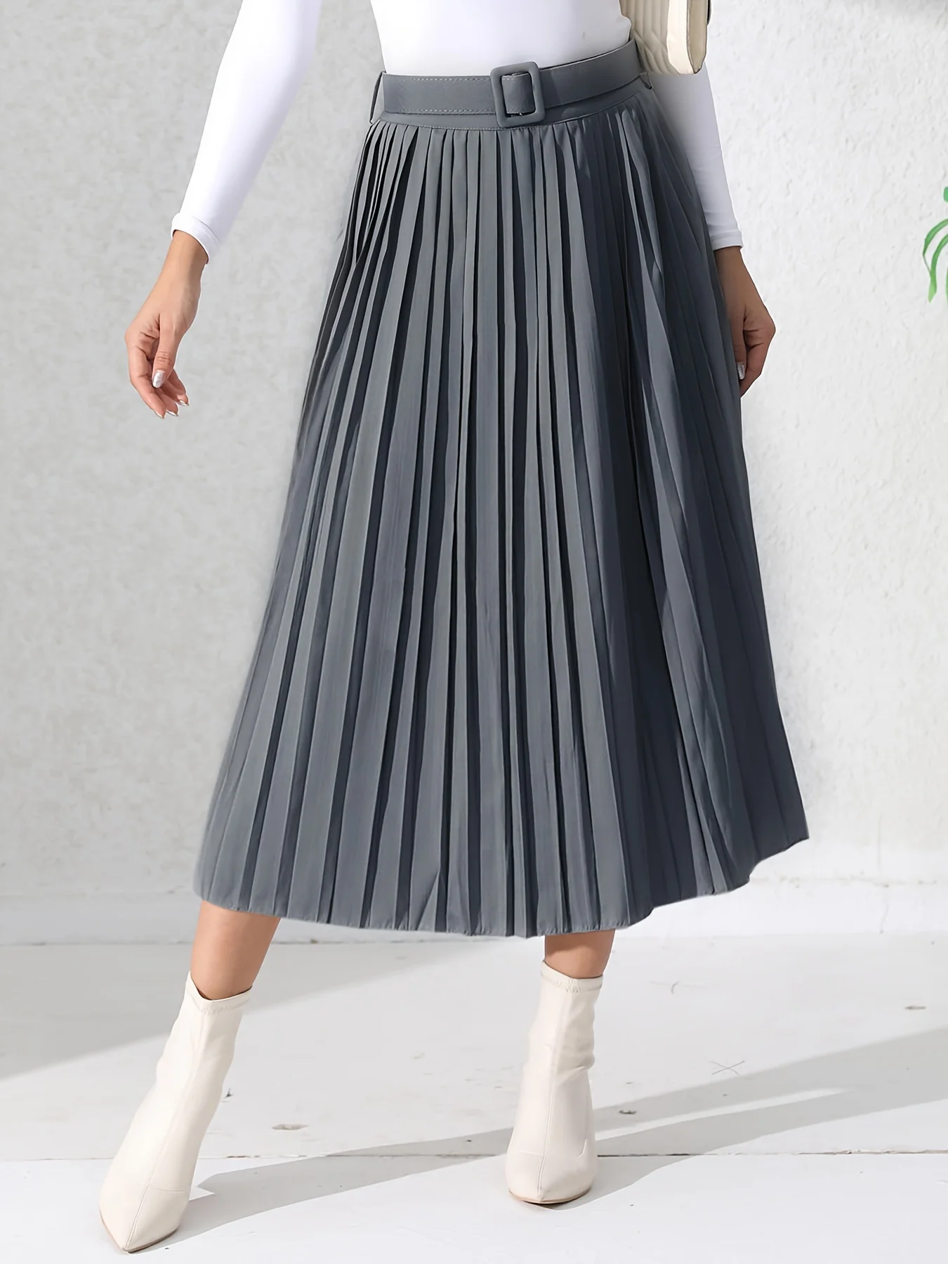 Solid Pleated Skirt, Casual Midi Skirt For Spring & Summer, Women's Clothing - Deanwangkt