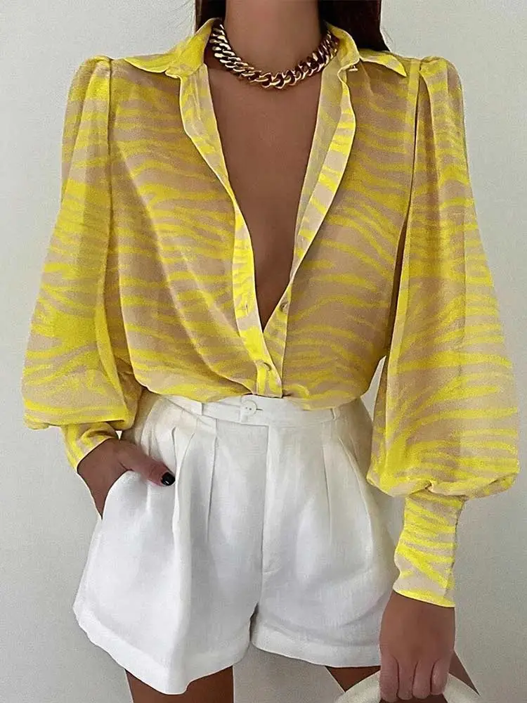 deanwangkt Women's Floral Print Puff Sleeve Shirt Female Elegant Casual V Neck Shirts Spring Summer Fashion Office Ladies Tops Blouses - Deanwangkt