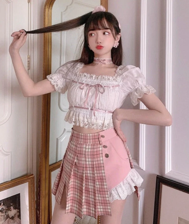 Summer Japanese Lolita Kawaii Blouse Women Lace Pink France Sweet Cute Blouse Female Puff Sleeve Korean Style Crop Tops  New - Deanwangkt